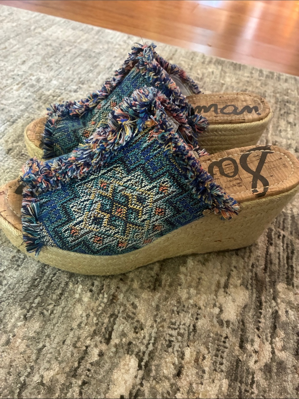 Sam Edelman Denim Blue Patterned Espadrille Wedge platform Slide - 7.5